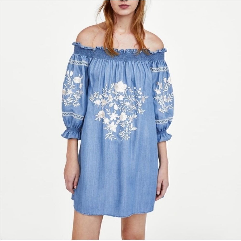 Zara Off the Shoulder Embroidered Chambray Dress Size Large